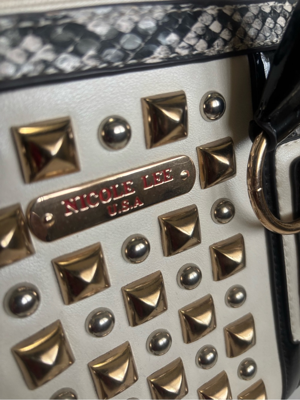 Nicole Lee Black and White Studded Satchel with Gold Accents - Picture 2 of 6